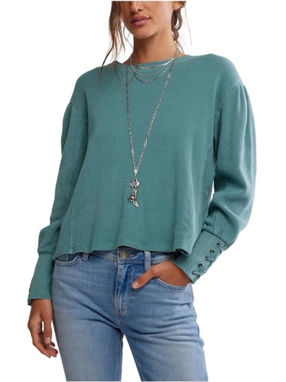 Free People We The Free Lapis Cuff Waffle Knit Sweatshirt in Teal Green
